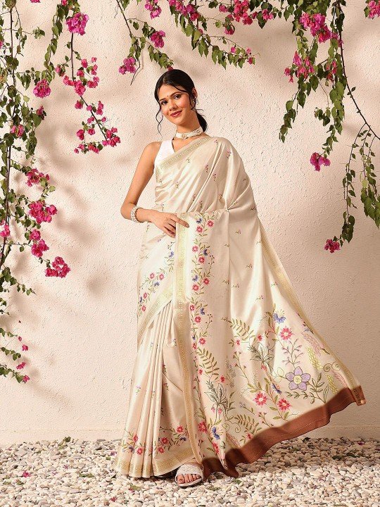 Silk Land Floral Embroidered Banarasi Saree