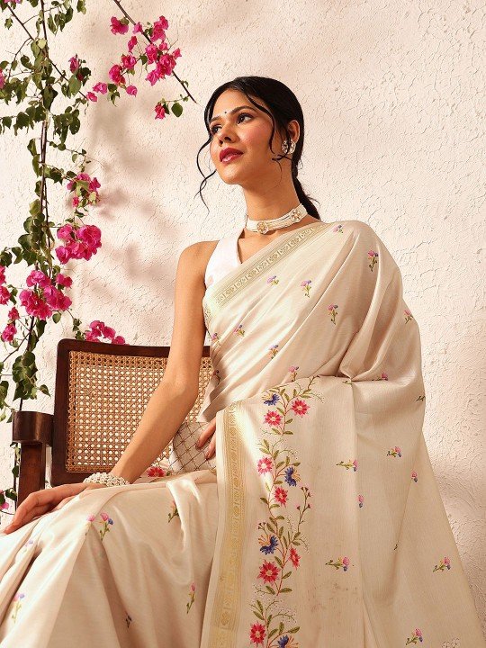 Silk Land Floral Embroidered Banarasi Saree