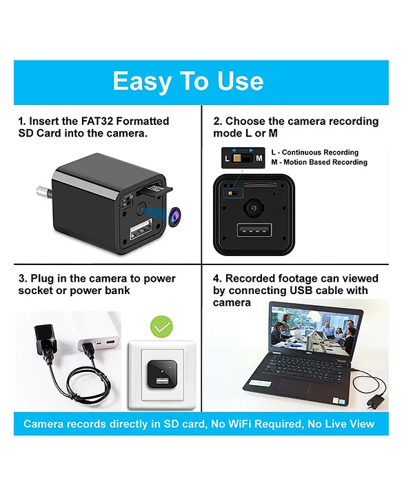 IFITech IFIADPTCAM 1080P Hidden Compact Camera Cum Charger - Black