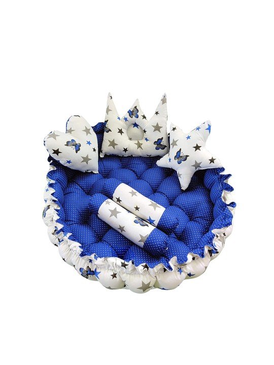 LOREM Infants Blue & White Printed Circular Tub Bed with 5 Pillow Set
