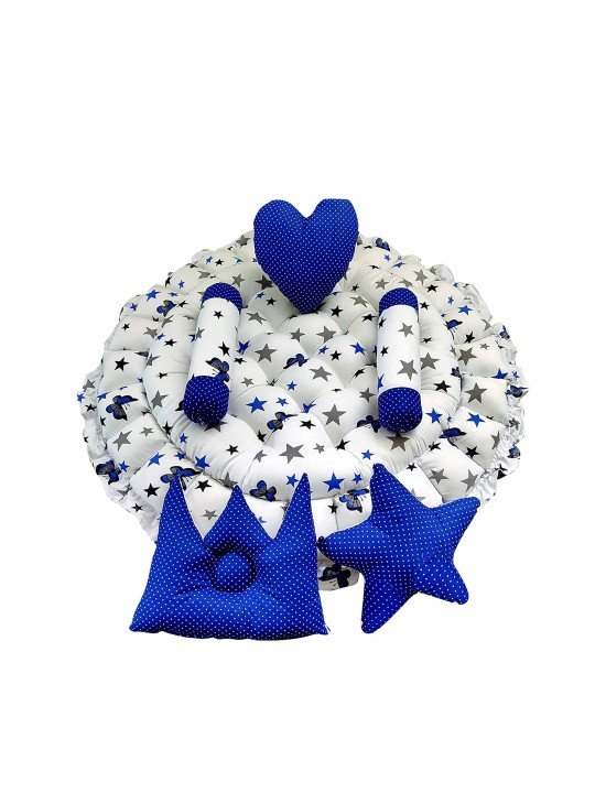LOREM Infants Blue & White Printed Circular Tub Bed with 5 Pillow Set