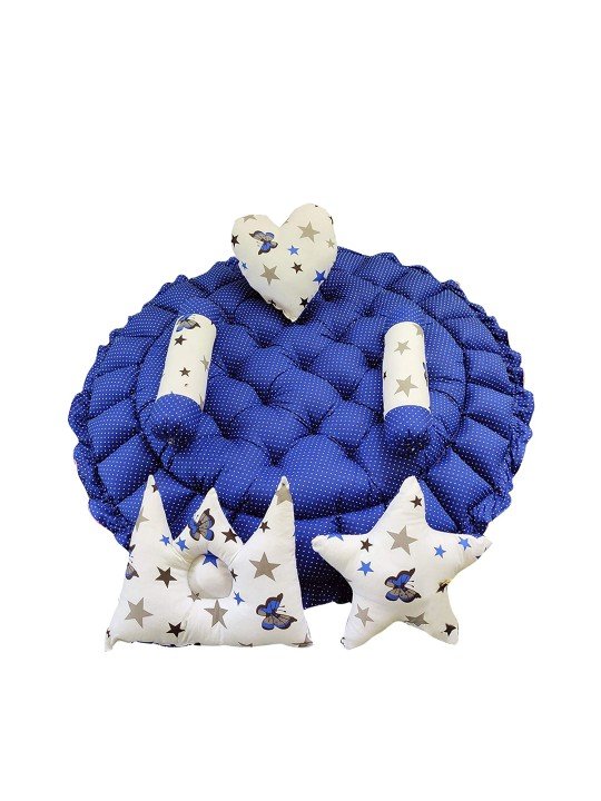 LOREM Infants Blue & White Printed Circular Tub Bed with 5 Pillow Set