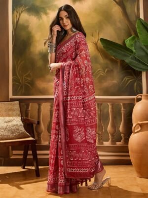 Sangria Women Warli Printed Linen Cotton Saree