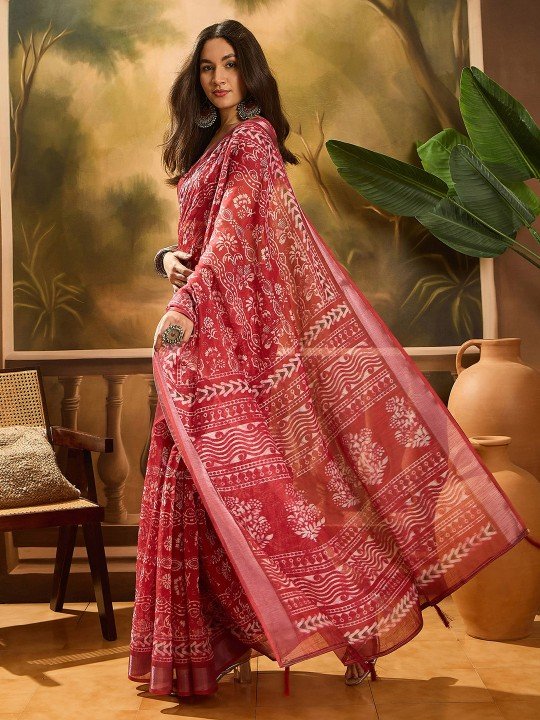 Sangria Women Warli Printed Linen Cotton Saree
