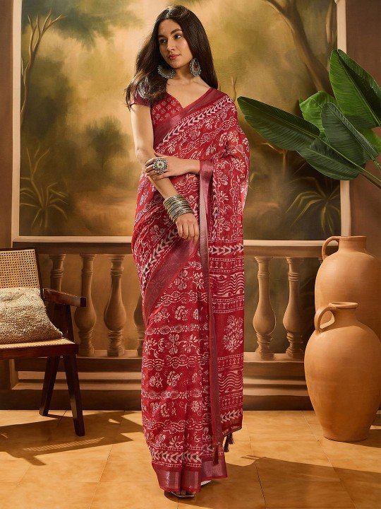Sangria Women Warli Printed Linen Cotton Saree