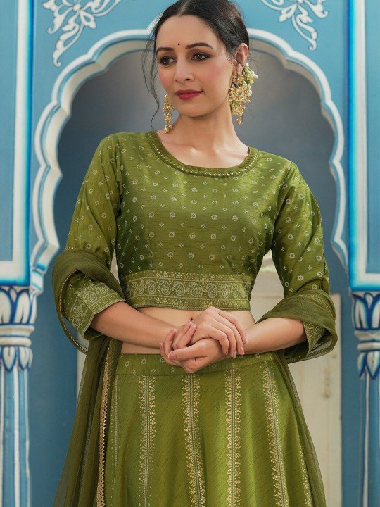Juniper Green & Gold-Toned Printed Ready to Wear Lehenga & Choli With Dupatta