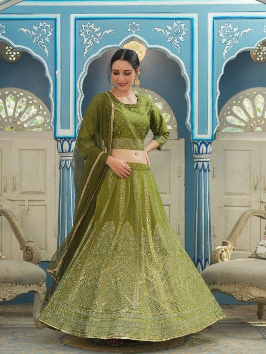 Juniper Green & Gold-Toned Printed Ready to Wear Lehenga & Choli With Dupatta