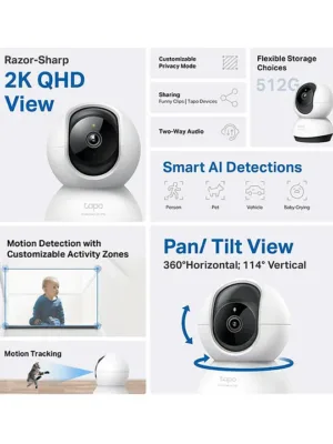 TP Link Pan/Tilt Smart AI 2K 4MP QHD 1440p Home Security Wi-Fi Camera