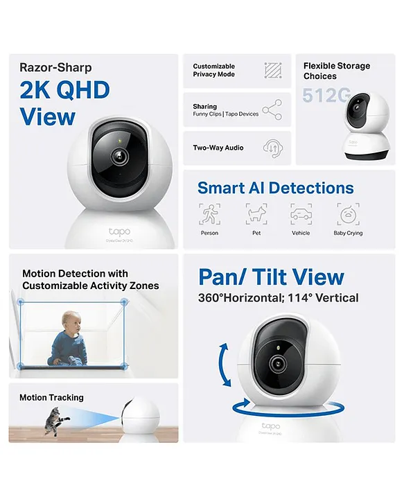 TP Link Pan/Tilt Smart AI 2K 4MP QHD 1440p Home Security Wi-Fi Camera