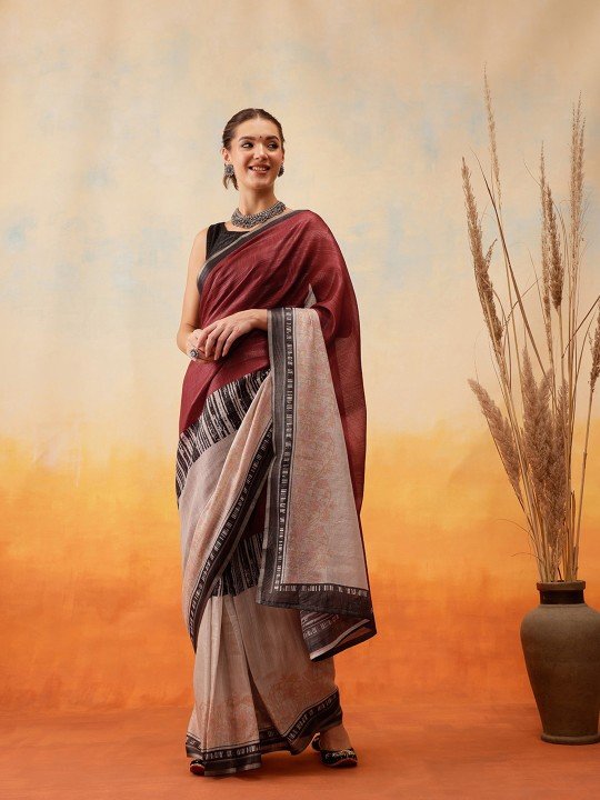 Abstract Printed Half & Half Ready to Wear Tussar Saree