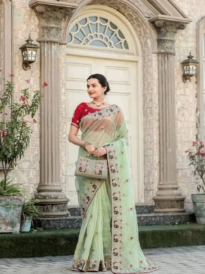 Embroidered Baluchari Organza Saree