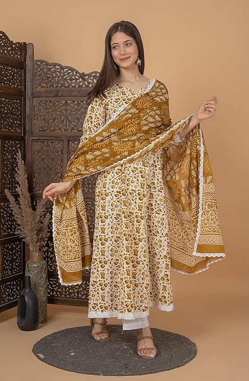 Anarkali cotton kurta set with Palazzo & Dupatta Set