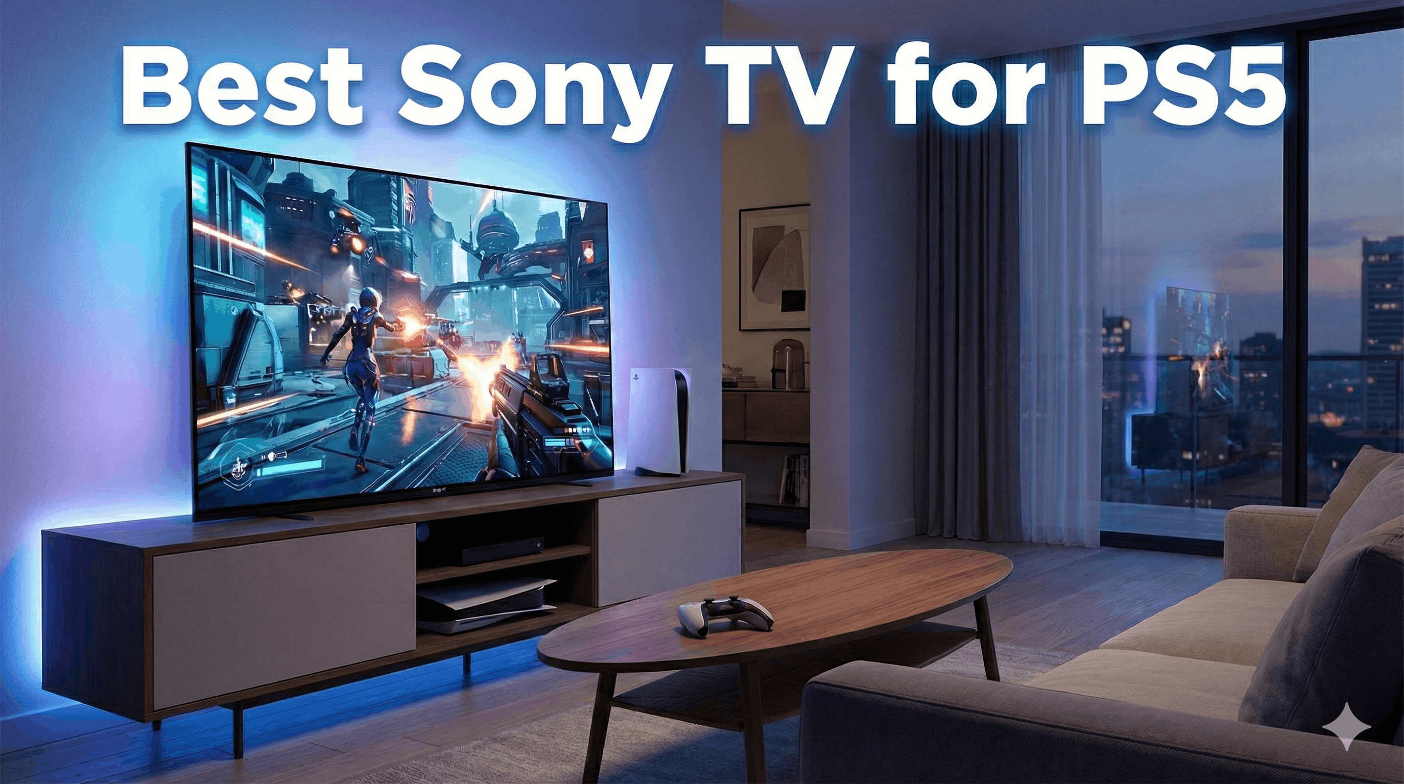 Sony Bravia TV displaying vibrant PS5 gameplay in a modern living room