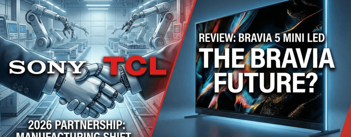 Sony Bravia 5 Mini LED TV displaying vibrant colors next to a graphic of the Sony and TCL logos representing the 2026 manufacturing partnership.