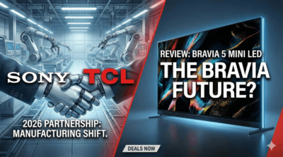 Sony Bravia 5 Mini LED TV displaying vibrant colors next to a graphic of the Sony and TCL logos representing the 2026 manufacturing partnership.