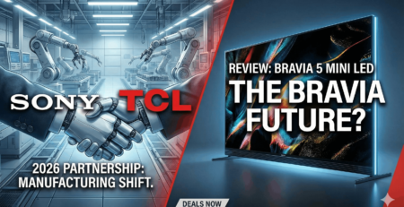 Sony Bravia 5 Mini LED TV displaying vibrant colors next to a graphic of the Sony and TCL logos representing the 2026 manufacturing partnership.
