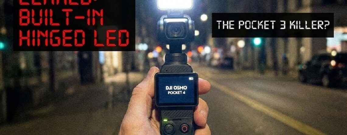 Leaked concept of DJI Osmo Pocket 4 showing new built-in LED light hinge and larger battery grip compared to Osmo Pocket 3.
