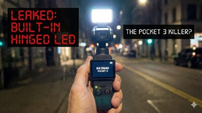 Leaked concept of DJI Osmo Pocket 4 showing new built-in LED light hinge and larger battery grip compared to Osmo Pocket 3.